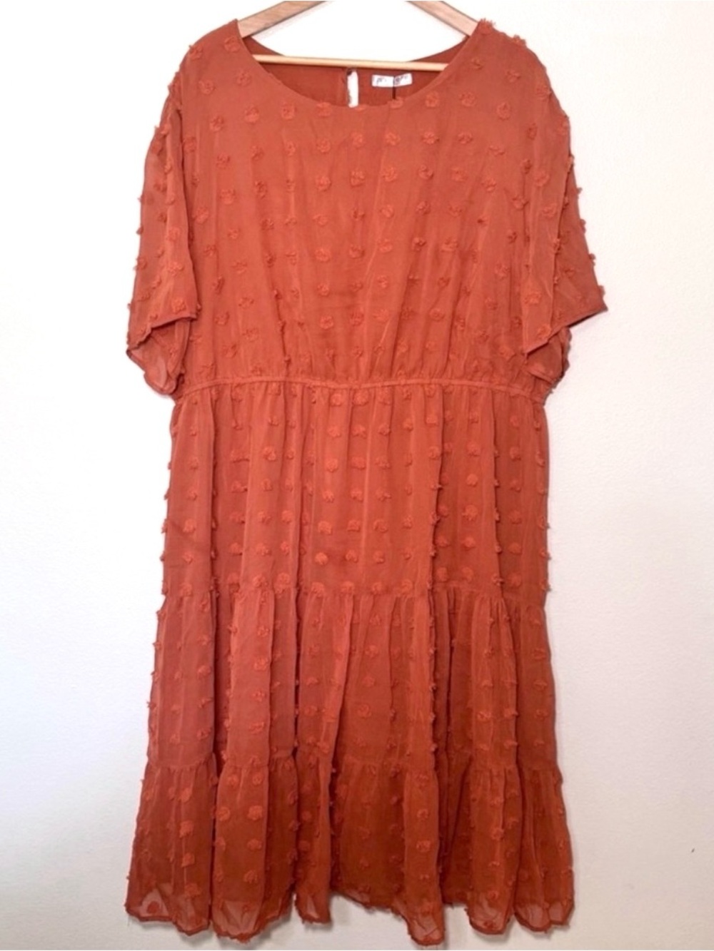 In’Voland Burnt Orange Swiss Dot Tiered Midi Dress 24W NWT Boho